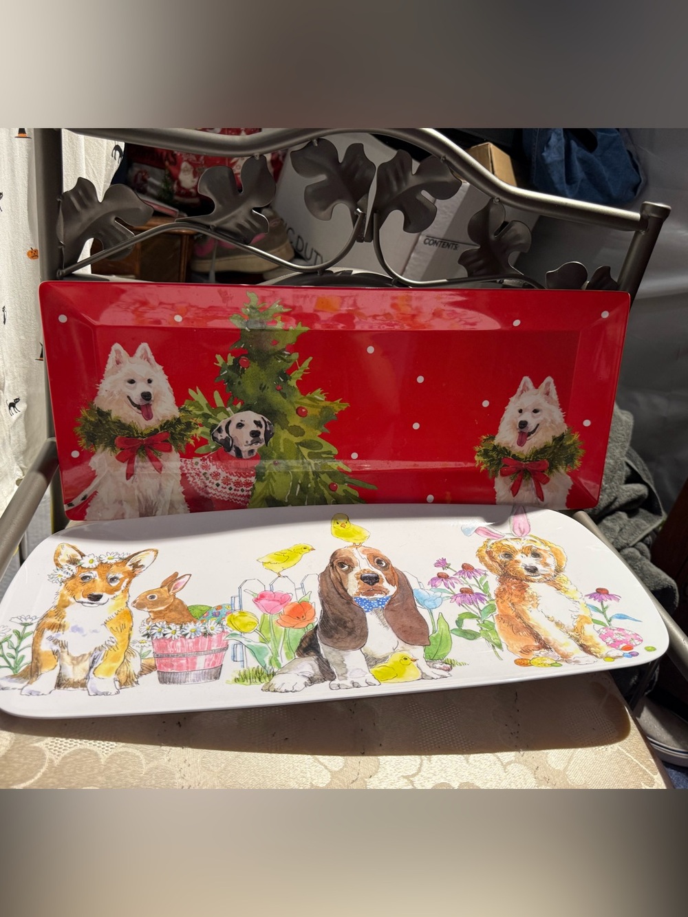 Set of 2 Red Holiday Dog-Themed and spring time Decorative Serving Tray